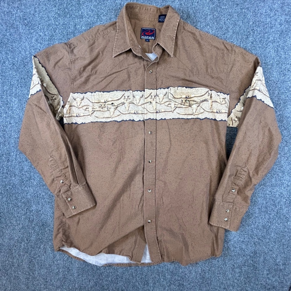 Roper Mens‎ Western Snap Shirt Brown Longhorn Skull Graphic Speckled Cotton L